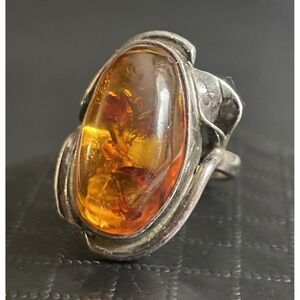 925 Amber Statement Ring Size 6 Sterling Silver Chunky Calla Lily Artisan